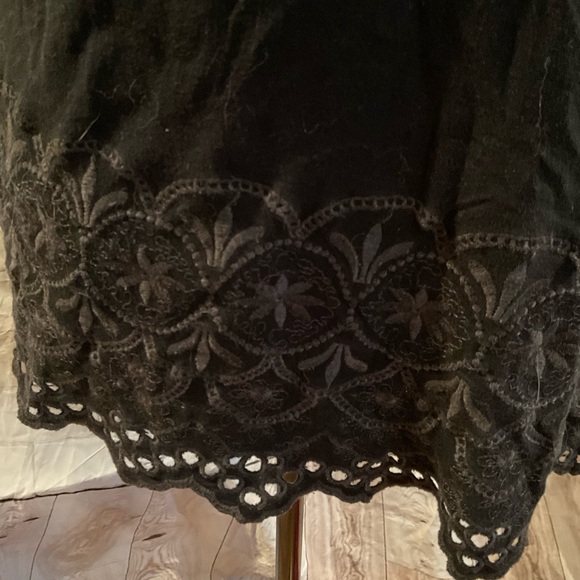 “BCBG” Black Embroidered and Open Work  3/4 Wide Sleeves Peasant Style Top. - Picture 7 of 15